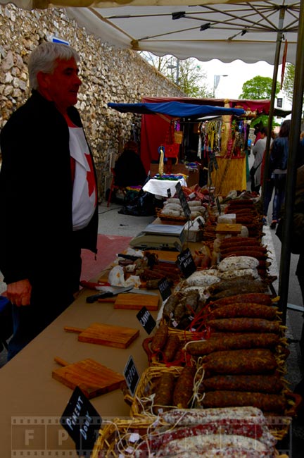 Dry cured sausages at the market