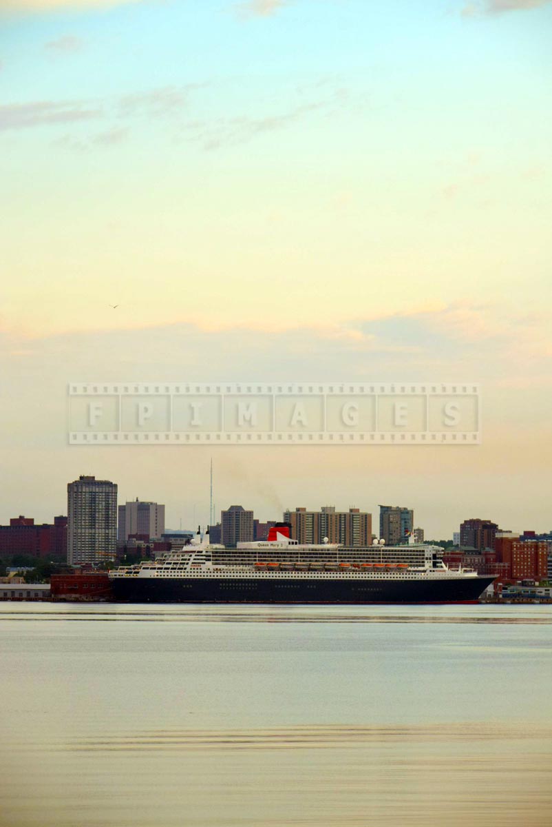 Queen Mary 2 at sunrise on July 10, 2015 in port of Halifax