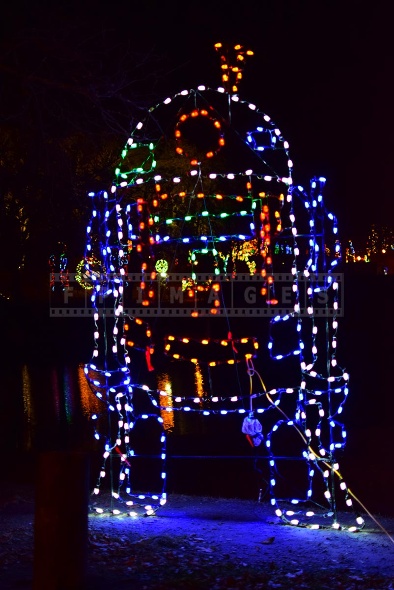 R2D2 greeting visitors at Albany, New York holiday lights in the park