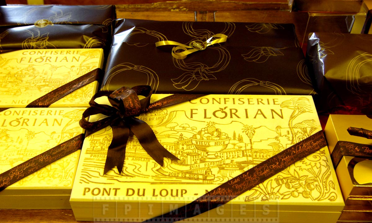 Candied chestnuts gift boxes in a Florian store in Nice, France