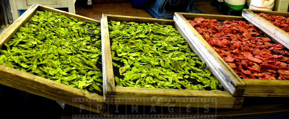 Rose and verbena flower petals dry in the wooden trays