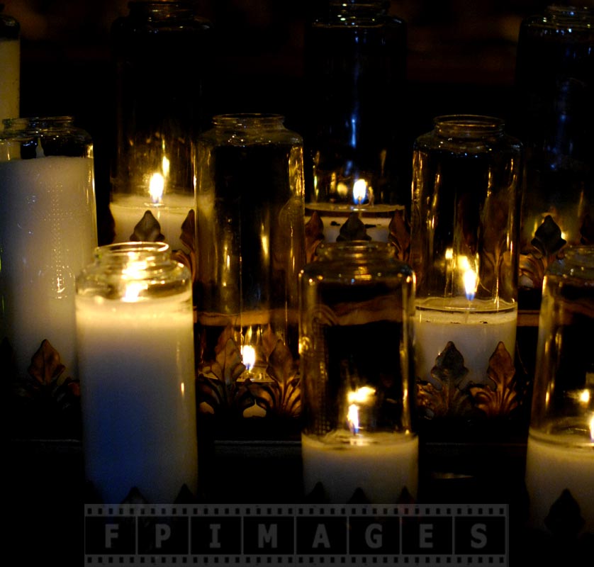 Blue and golden candles in the church