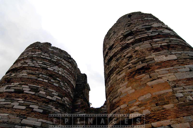 Yoros castle stone towers and ancient Byzantine symbol