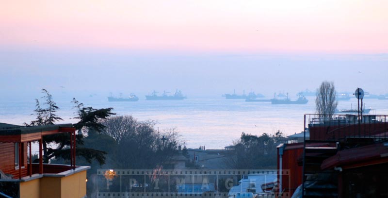 Ships waiting to enter the strait