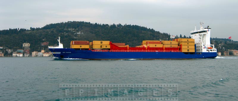 Container ship sailing in Bosphorus