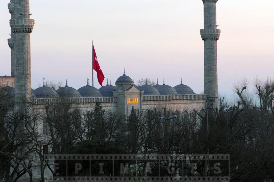 Turkish flag flying above Sultan Ahmet Mosque