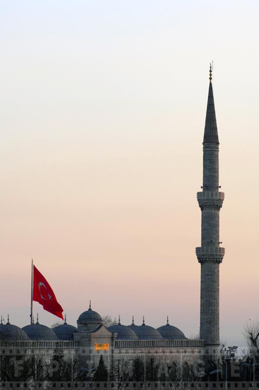 Minaret at the Sultan Ahmed mosque, sunset