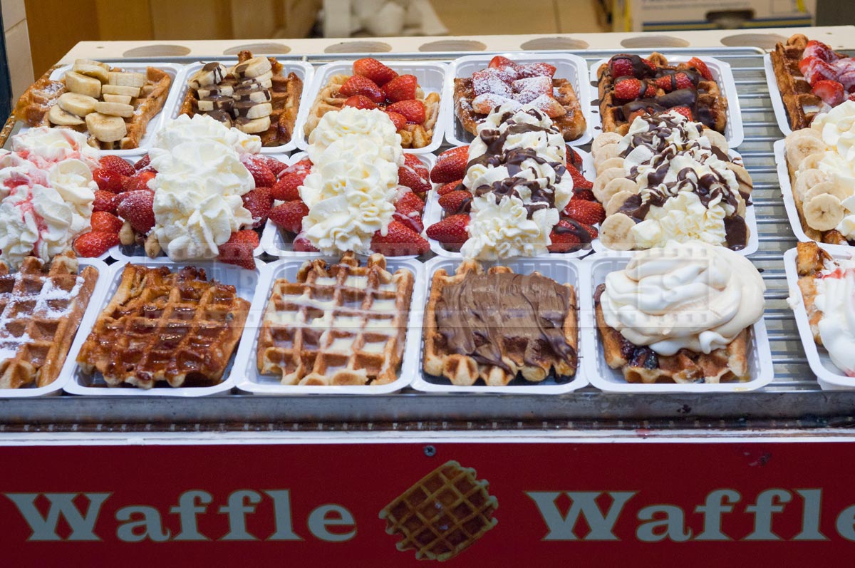 wide variety of Belgian waffles at street vendor display