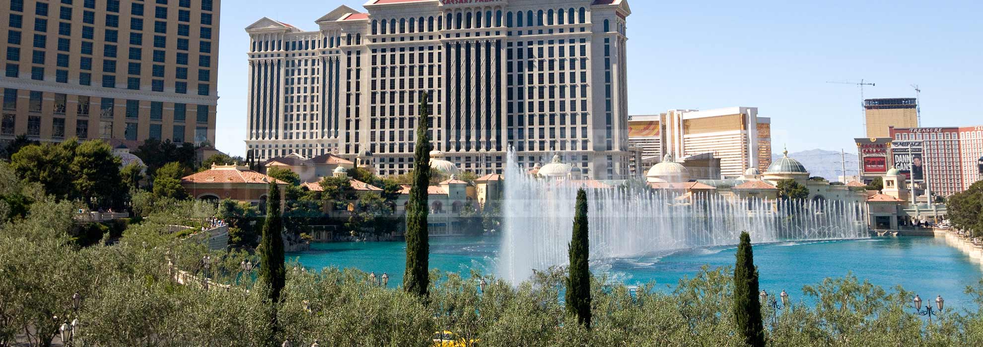 view of the large fountains near Bellagio hotel and casino