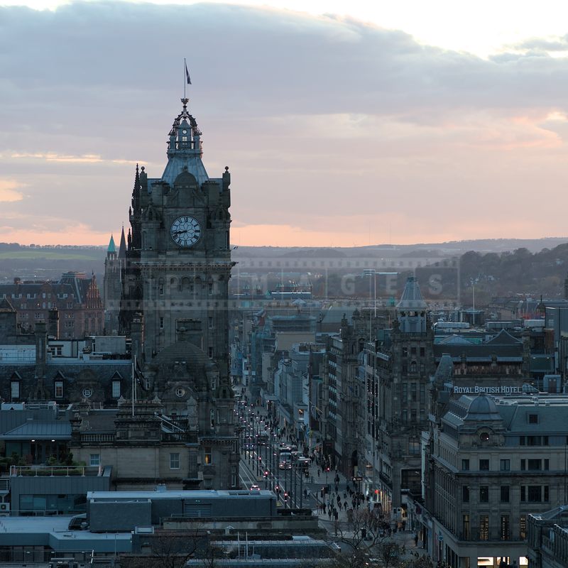 View from Calton Hill at Clock tower at Princess street in Edinburgh, Scotland